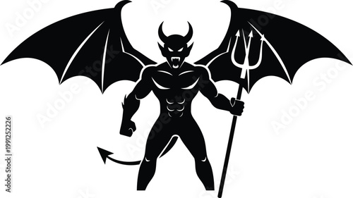 Black silhouette of a muscular devil with wings and a trident, evil creature concept
