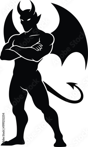 black devil silhouette with wings and tail standing confidently with arms crossed on white background