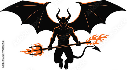 flying devil with wings and pitchfork on white background for halloween or horror design