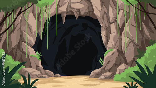 Mysterious and dark entrance to a stone cave surrounded by lush green jungle plants and hanging vines.