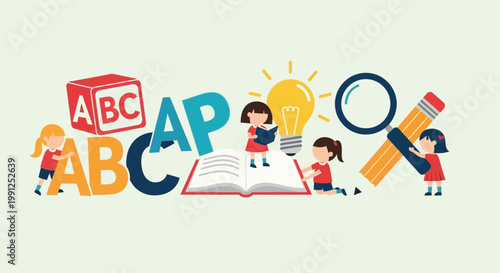 Children Learning ABCs and Reading Books with Magnifying Glass and Lightbulb