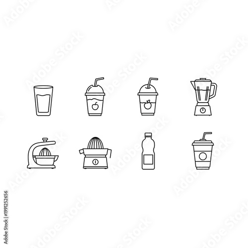 Set of black and white line icons depicting drinks blenders juicers beverage