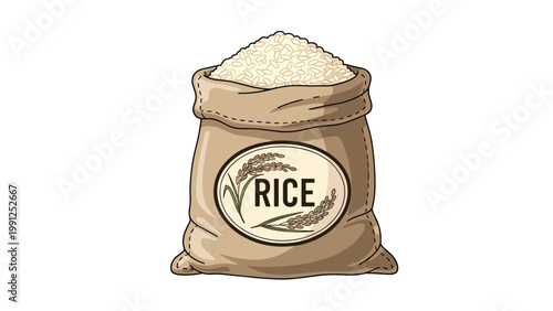 Traditional burlap sack overflowing with white grains of rice and featuring a vintage style rice plant label.
