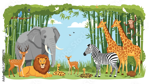 Group of wild animals including an elephant, lion, zebra, and giraffes gathered in a lush green bamboo forest.