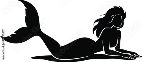 black silhouette of a mermaid lying on her stomach with long hair and a fish tail