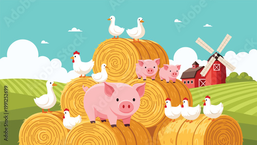Playful scene on a farm with pink pigs, white chickens, and ducks standing on a stack of golden hay rolls.
