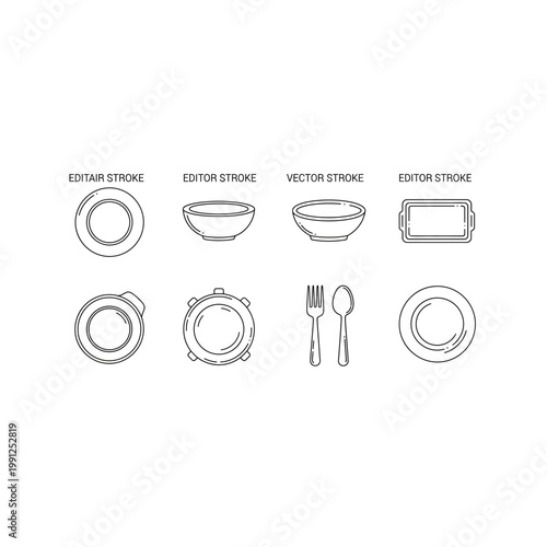 Dining and tableware icon collection with variable line weights, thickness