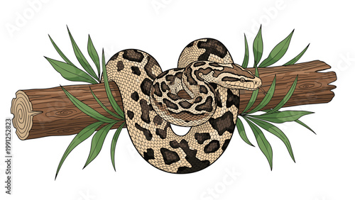 Spotted python snake is coiled tightly around a fallen tree log decorated with green leaves against a plain white background.