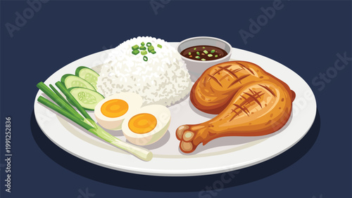 Delicious serving of roasted chicken legs with white rice, boiled eggs, fresh cucumbers, and spring onions on a white plate.