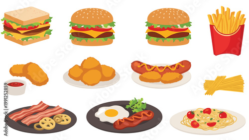 Large set of various food items including burgers, fries, nuggets, pasta, and breakfast staples like bacon and eggs.