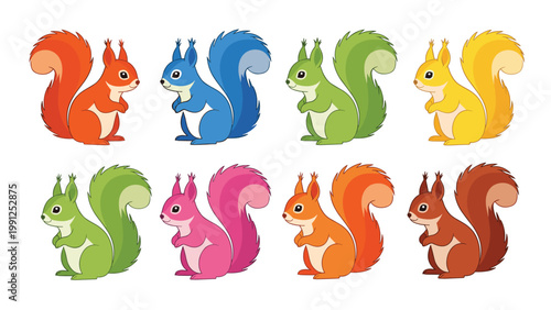 Collection of eight adorable squirrels in a variety of vibrant colors including red, blue, green, and pink on a white background.