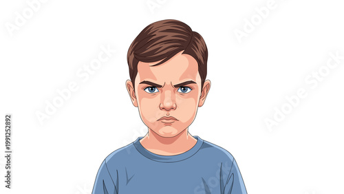 Detailed portrait of a young boy with a very angry and frustrated expression looking directly at the camera on a white background.