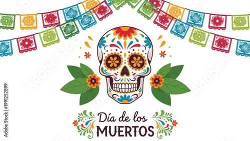 Traditional Dia de los Muertos sugar skull decorated with colorful patterns and surrounded by flowers and festive banners.