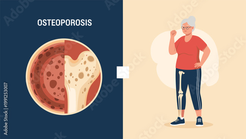 Health infographic about osteoporosis showing a bone cross-section next to an elderly woman with an affected leg bone highlighted.