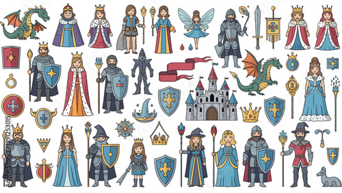 Large collection of medieval-themed characters including knights, kings, wizards, dragons, and various icons like shields and crowns.
