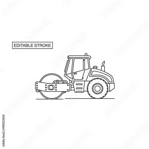Line art of a road roller for construction work with construction, compactor