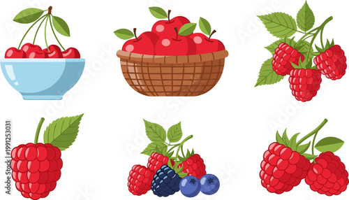 Vector Set of Fresh Berries Including Cherries, Raspberries, and Blueberries in Bowls and Baskets for Food, Healthy Eating, and Nutrition Illustrations