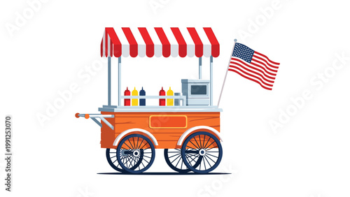 Red and white striped hot dog cart with an American flag attached stands ready to serve customers on a white background.