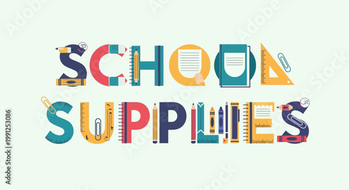 School Supplies Typography - Colorful Letters Formed by Stationery