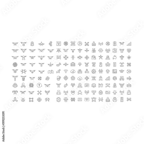 Large collection of abstract icon symbols on white background with abstract