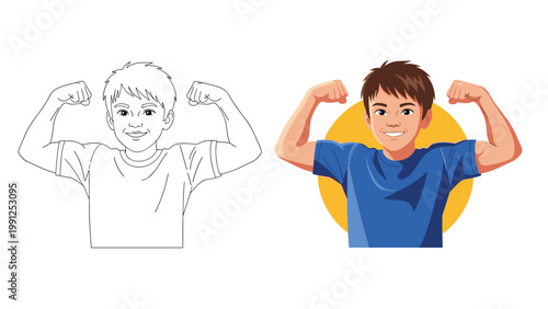 Young boy proudly flexing his muscles is shown in both a detailed color illustration and a matching black and white outline.
