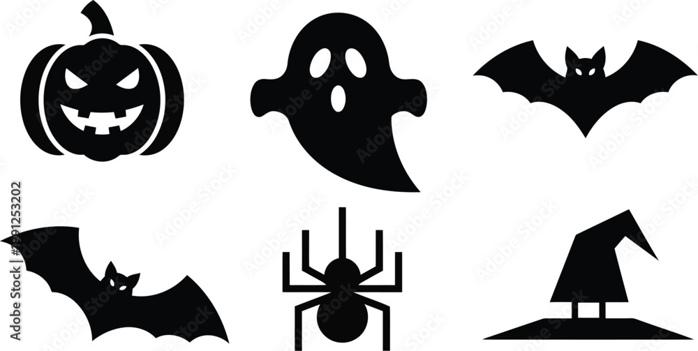 Obraz premium Halloween icons set with pumpkin, ghost, bats, spider and witch on white background