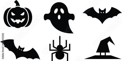 Halloween icons set with pumpkin, ghost, bats, spider and witch on white background
