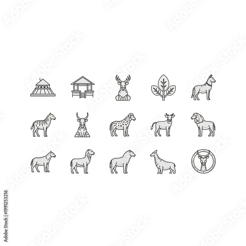 Collection of livestock and farm animal icons with livestock creature wildlife