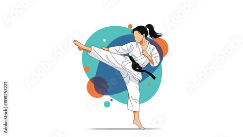 Female martial artist in a white gi and black belt performs a high side kick against a colorful abstract geometric background.