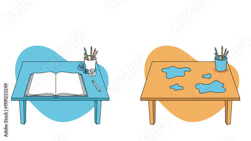 Educational concept illustration showing a clean organized desk with a book and a messy desk with liquid spills and pencil pots.