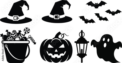 Halloween icons set with witch hats, bucket, candy, pumpkin, bats, ghost, lantern, black silhouette on white