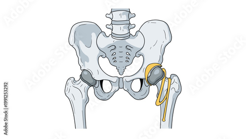 Medical illustration of the human pelvis showing a hip replacement prosthesis installed in the joint for orthopedic surgery education.