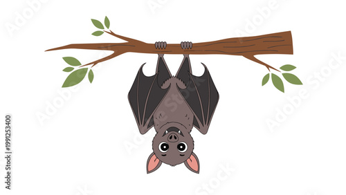 Cute brown bat with wide eyes and pink ears is hanging upside down from a wooden tree branch with green leaves on white.