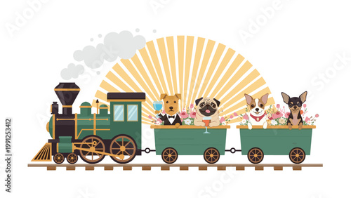 Whimsical illustration of different dog breeds riding in the carriages of a colorful vintage steam train with a rising sun background.