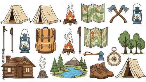 Large collection of camping and outdoor gear including tents, backpacks, maps, fire, compass, and hiking boots in a rustic style.