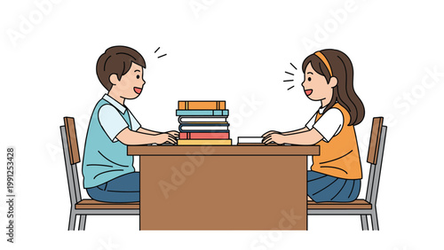 Two young students, a boy and a girl, sitting at a wooden desk with a stack of books while talking and studying together.