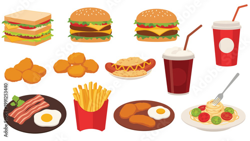 Mouth watering collection of fast food illustrations including burgers, sandwich, hot dog, nuggets, fries, and soft drinks.