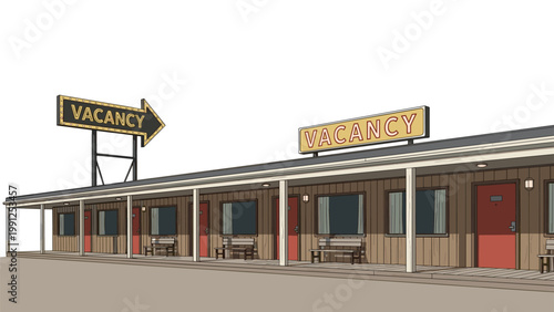 Old roadside motel building with multiple doors and windows featuring classic neon vacancy signs on a plain background.