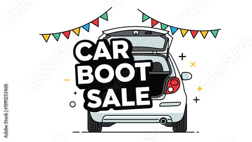 Promotional graphic for a car boot sale featuring a car with an open trunk and festive colorful bunting flags overhead.