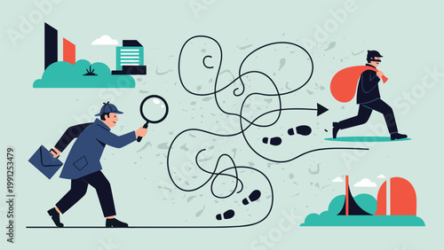 Detective with a magnifying glass chasing a thief carrying a bag of loot through a complex maze of footprints and clues.