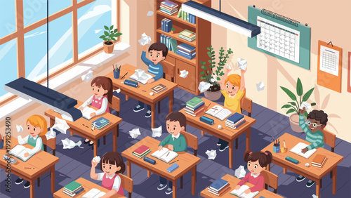 High angle view of a chaotic classroom where young students are throwing paper airplanes and making a mess while the teacher is away.