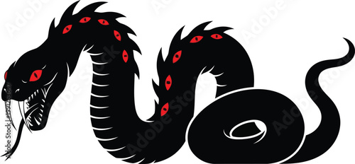 black snake with red eyes and spots on white background