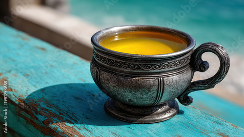 Beautiful morning ritual in village often includes warm cup of golden beverage resting on rustic wooden table by sea