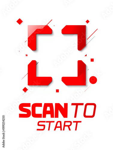 Red QR Code Scan to Start Graphic on White Background, Modern Digital Technology Concept
