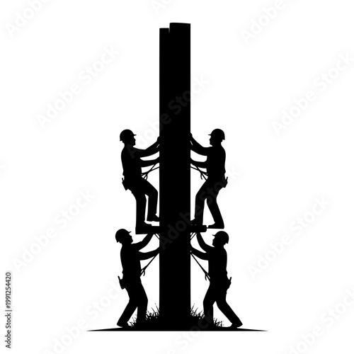Silhouette of utility linemen working on a power pole