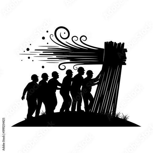 Silhouette of Workers Collaborating and Pushing Against Strong Wind and Storm