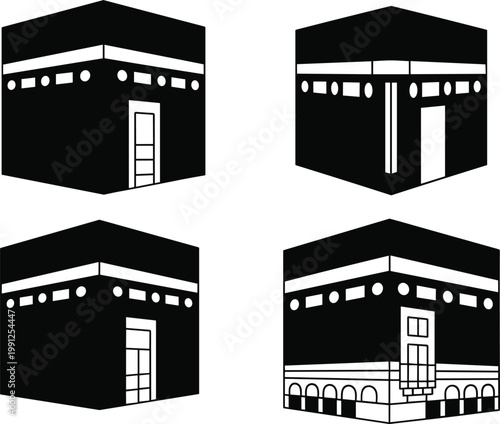 Kaaba silhouettes set vector illustration, Islamic holy building icons for pilgrimage religion and architecture design