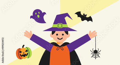 Happy child in witch costume playing.