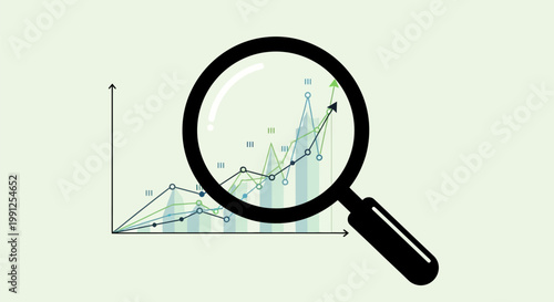 Magnifying glass focusing on a growing financial line graph.