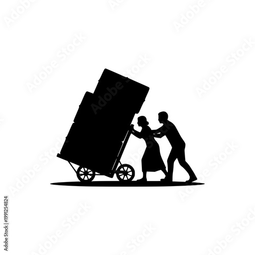 Silhouette of a man and woman pushing a heavily loaded handcart with boxes